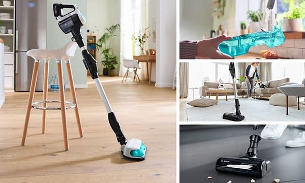Cordless Bosch Series 7 Unlimited vacuum cleaner in black, standing upright on a white background.