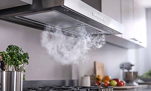 SDA - Indoor Climate - Kitchen fan hanging over the stove, with differnt kitchen utitilies and vegetables next to the stove