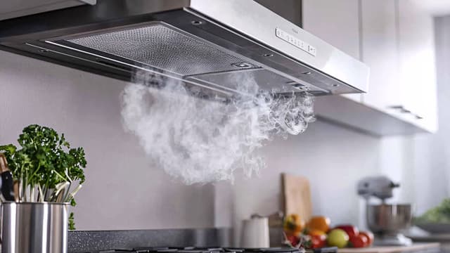 SDA - Indoor Climate - Kitchen fan hanging over the stove, with differnt kitchen utitilies and vegetables next to the stove