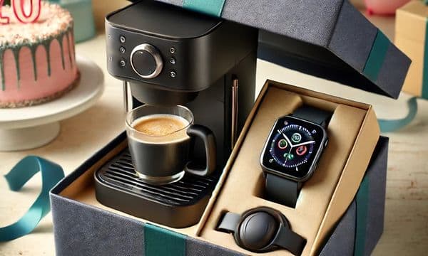 A small, black gift box with a coffee machine and smartwatch inside