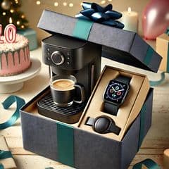 A small, black gift box with a coffee machine and smartwatch inside