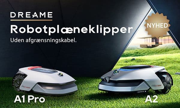Dreame robotplæneklipper og teksten "Uden afgrænsningskabel"