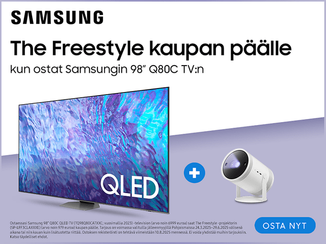Samsung TV - Freestyle - Osta 98" Q80C QLED TV – saat upean The Freestyle -projektorin kaupan päälle