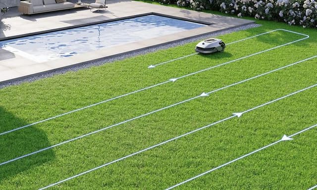 Robotic lawn mover on a lawn with arrows