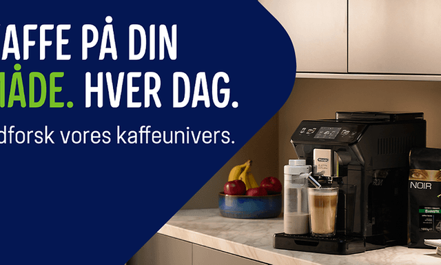 Banner med teksten: "Kaffe på din måde. Hver dag. Udforsk vores kaffeunivers."