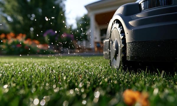 En närbild av en robotgräsklippare som glider över nyvattnat gräs i en livfull trädgård, där daggdroppar gnistrar i morgonsolen.
