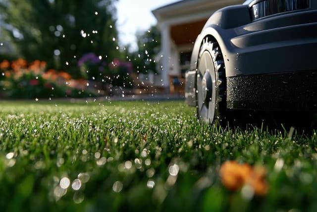 En närbild av en robotgräsklippare som glider över nyvattnat gräs i en livfull trädgård, där daggdroppar gnistrar i morgonsolen.