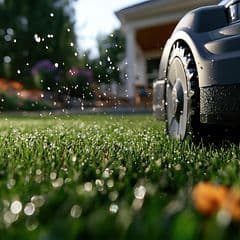 En närbild av en robotgräsklippare som glider över nyvattnat gräs i en livfull trädgård, där daggdroppar gnistrar i morgonsolen.