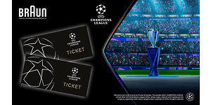 Braun-logo på banner med billetter til Champions League ved siden af ​​Champions League-trofæet