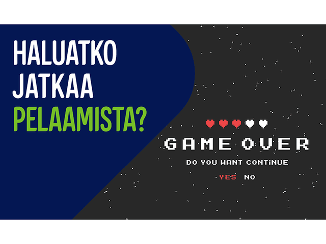 Tuoteturva gaming-tuotteille banner, jossa teksti "Haluatko jatkaa pelaamista?"