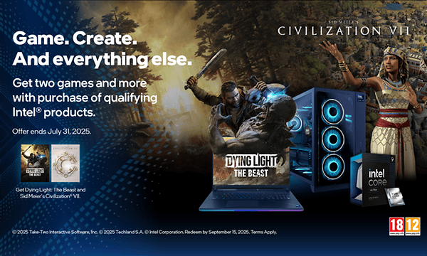 Intel Spring bundle banner with collage of Get Dying Light: The Beast and Sid Meier's Civilization® VII games