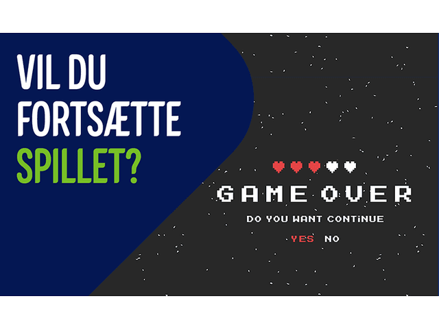 Banner til Elgiganten forsikring af gaming-produkter med teksten: "Game over" og "Vil du fortsætte spillet?"