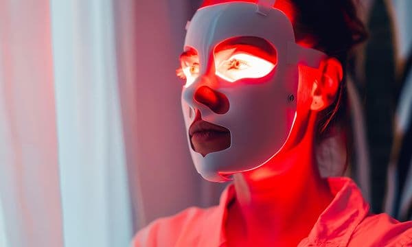 LED mask guide - header - Dame bruker LED-maske med rødt lys