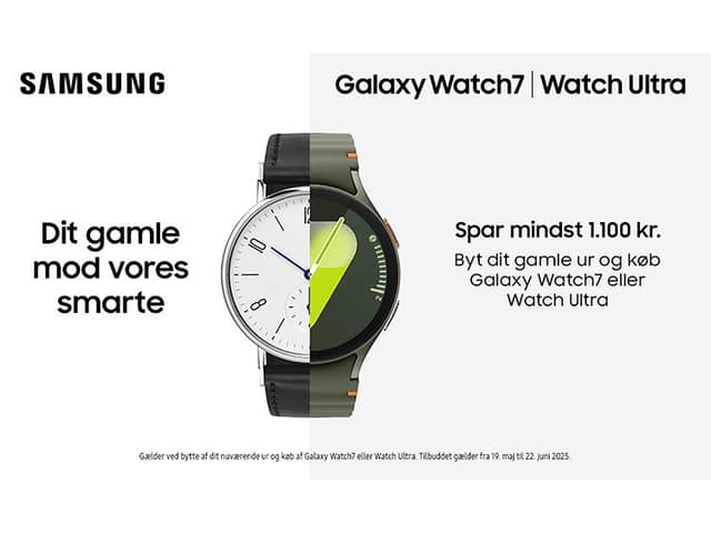 Trade In-banner med teksten: "Spar mindst 1.100 kr. Byt dit gamle ur og køb Galaxy Watch7 eller Watch Ultra"