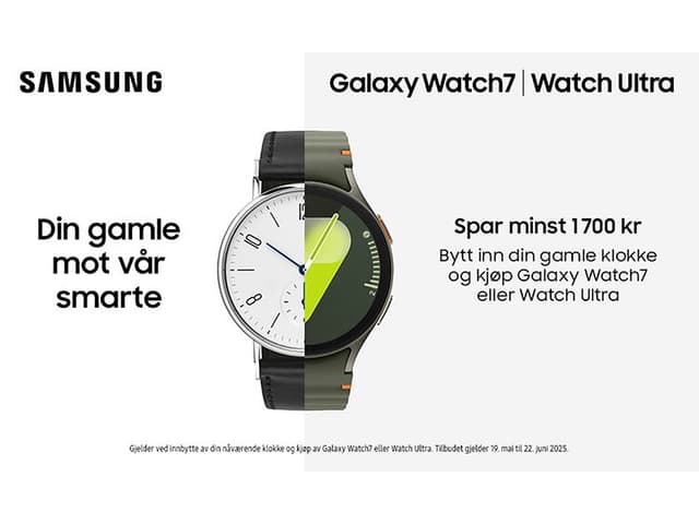 Trade In banner med teksten: "Spar minst 1700 kr. Bytt inn din gamle klokke og kjøp Galaxy Watch7 eller Watch Ultra"