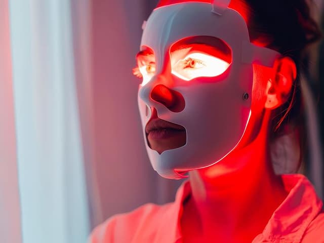 Nainen käyttää LED-valomaskia, jossa loistaa punainen valo
