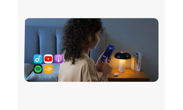 App symbols and woman with mobile