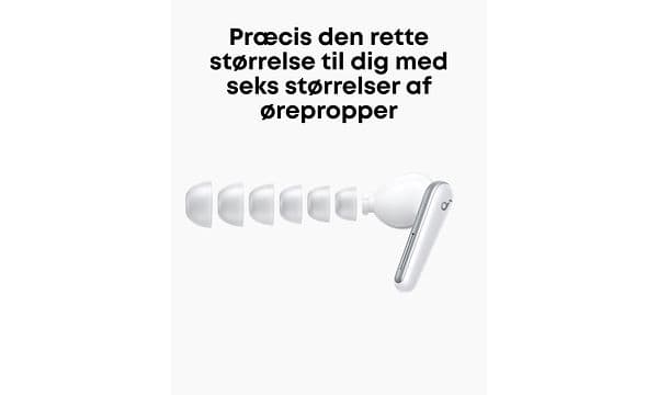 Illustration af Soundcore Liberty 5 med seks forskellige størrelser af ørepropper