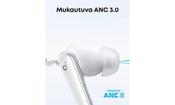 Soundcore Liberty 5 -kuulokkeet ja banneriteksti "Mukautuva Adaptiv ANC 3.0"
