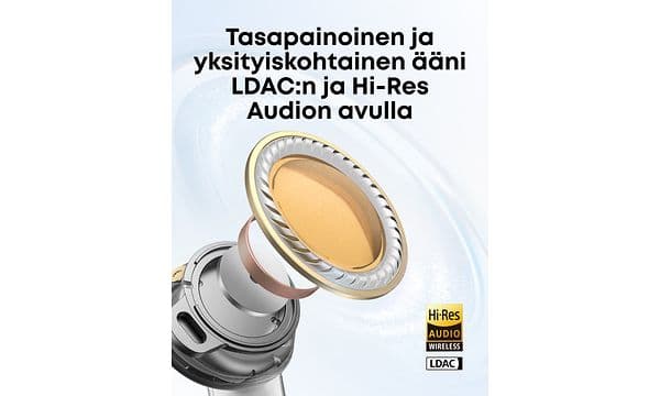 Soundcore Liberty 5 -kuulokkeet ja banneriteksti "Tasapainoinen ja yksityiskohtainen ääni"