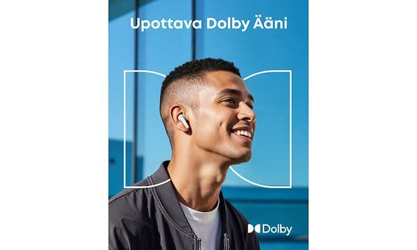 Soundcore Liberty 5 -kuulokkeet miehen korvissa ja banneriteksti "Upottava Dolby-ääni"