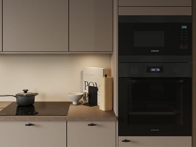 Epoq kicthen in sand with two black integrated ovens