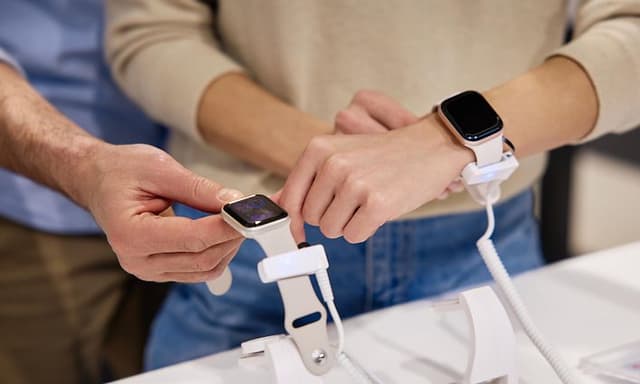 A man and a woman in a store looking at smartwatches