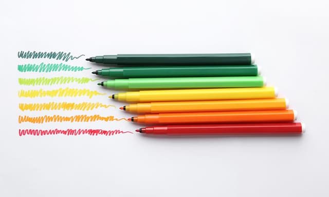Different colour pens that replicate energy labels
