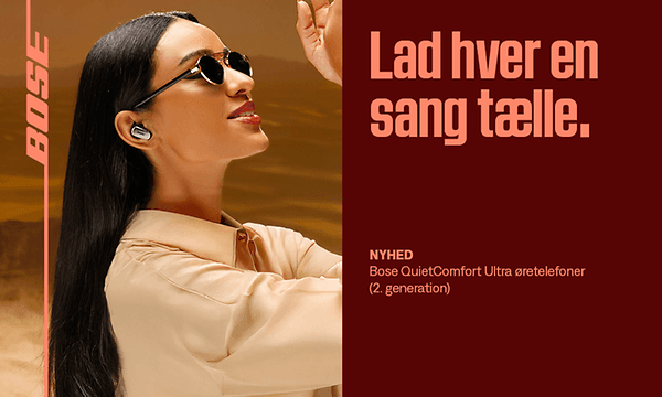 Bose QuietComfort Ultra øretelefoner på banner med teksten: "Lad hver en sang tælle"