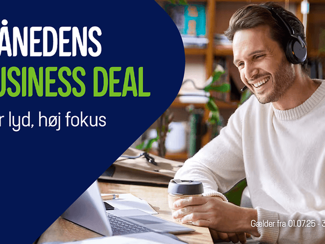Jabra hovedtelefoner på banner med teksten: "Månedens Business Deal."