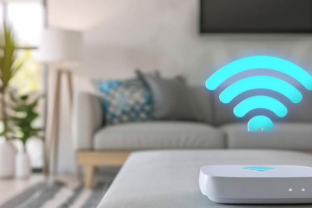 Kuvitettu wifi-verkon logo olohuoneen pöydällä, jonka takana vaalea sohva