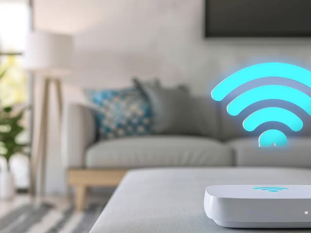 Kuvitettu wifi-verkon logo olohuoneen pöydällä, jonka takana vaalea sohva
