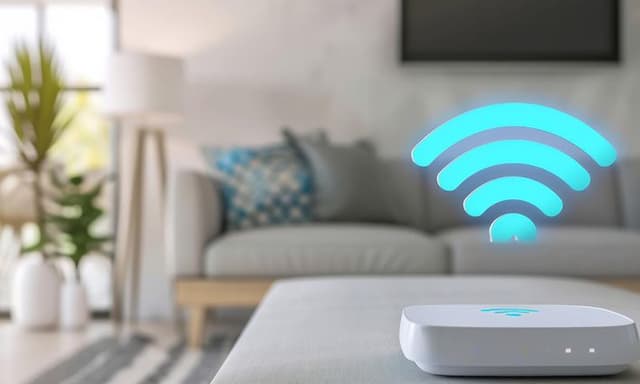 Kuvitettu wifi-verkon logo olohuoneen pöydällä, jonka takana vaalea sohva