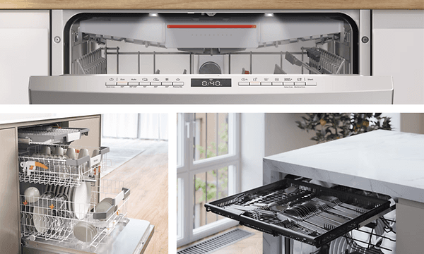Collage of 3 different dishwashers equipped with cutlery tray