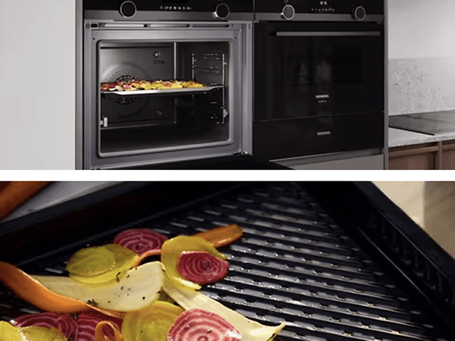 Close-up pictures of combination oven and vegetables