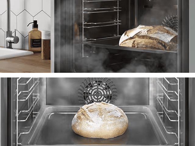Close-up pictures of combination oven and baked bread