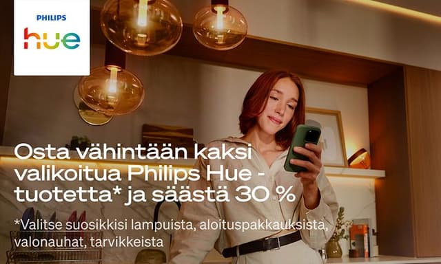 Philips Hue -kampanjan mainoskuva, osta vähintään kaksi tuotetta, säästä jopa 30 prosenttia