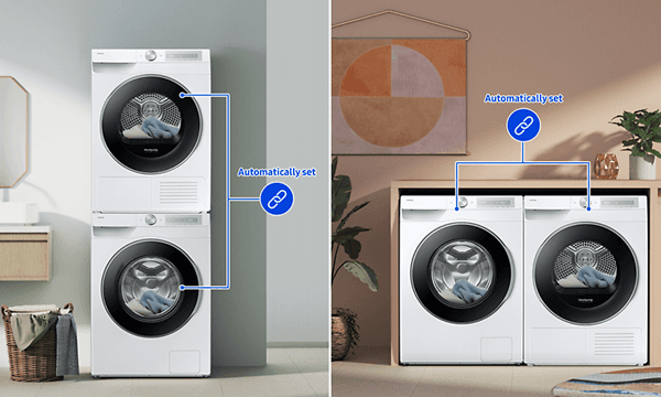 Samsung vaskemaskine og tørretumbler placeret ovenpå og ved siden af hinanden