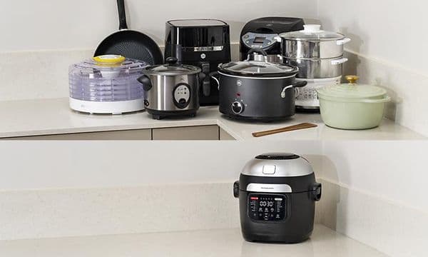 Keittiö täynnä ruuanvalmistusastioita vs. Multicook Actifry, joka säästää tilaa keittiössä