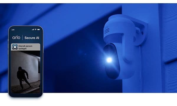 Arlo udendørs overvågningskamera og telefon med Arlo Secure AI