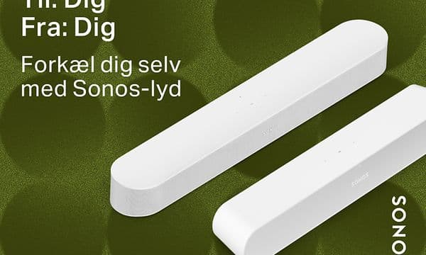 Billede af Sonos-højttalere og teksten Forkæl dig selv med Sonos-lyd