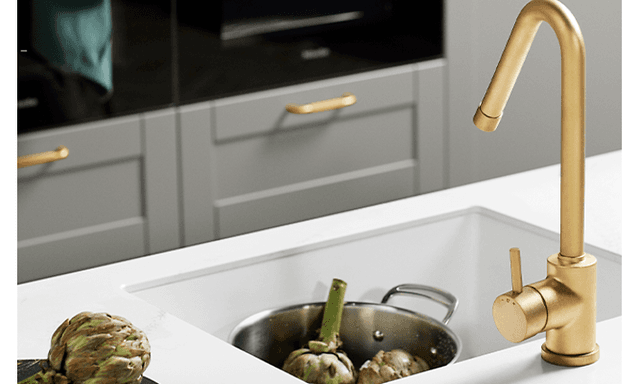 Shaker Steel Grey-kök med Silestone Eternal Calcatta Gold-bänkskiva