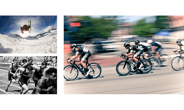 samling av flere sportsbilder ski og sykkel