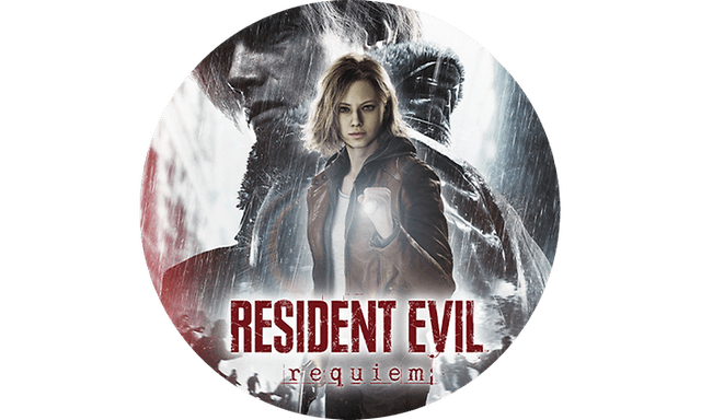 En mørk spilplakat hvor karakterer fra Resident Evil Requiem står i regnen med en lommelygte