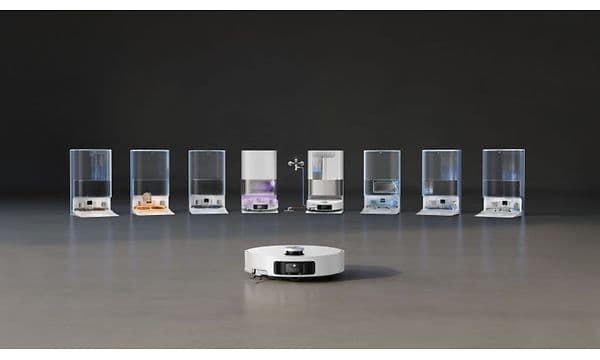 Dreame X50 Ultra visas med flera vyer av sin allt-i-ett-dockningsstation på svart bakgrund.