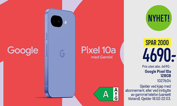 Produktbilde av en Pixel 10a smarttelefon mot fargerik bakgrunn