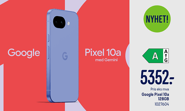 Produktbilde av en Pixel 10a smarttelefon mot fargerik bakgrunn