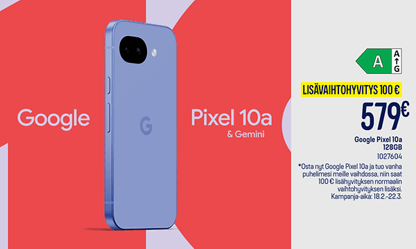 Tuotekuvassa Pixel 10a -älypuhelin värikästä taustaa vasten