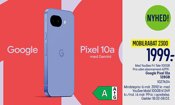 Produktbillede af en Pixel 10a smartphone mod en farverig baggrund