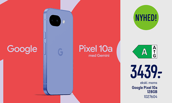 Produktbillede af en Pixel 10a smartphone mod en farverig baggrund